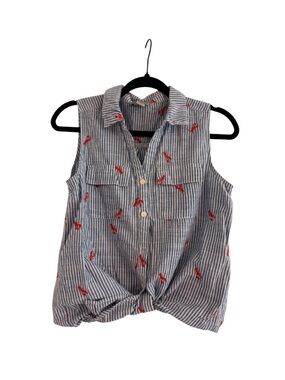 Bass Sleeveless Button Down Top Size S Blue White Stripe Lobster Embroidered